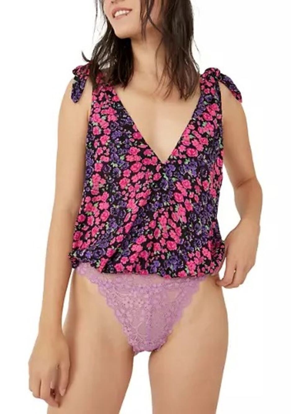 Free People | NWT Bare It All Purple Pink Floral Shoulder Tie Lace Tank Bodysuit